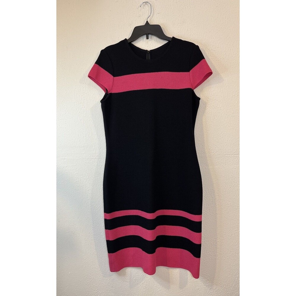 St. John PF13 Black/Pink Color Sz 10 Block Knit Cap Sleeve Sheath Dress - Picture 3 of 14